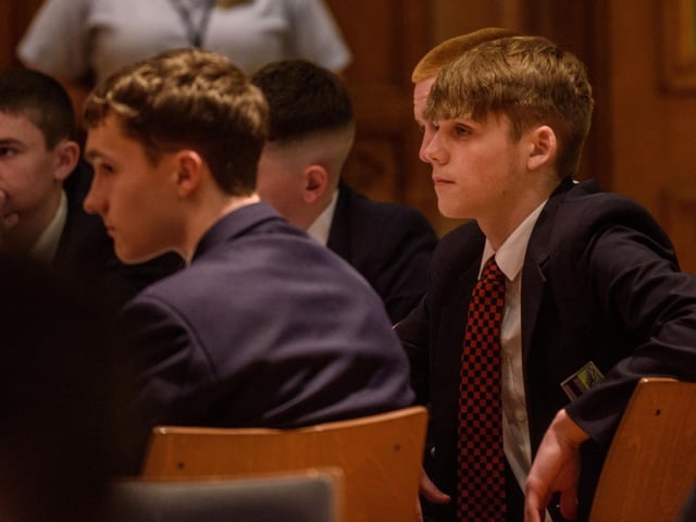 The Mayor Councillor Sandra Duffy welcomed pupils from Lisneal College to the Guildhall as she recognised the hugely successful cricket teams who claimed four trophies last season including the, U15 Ulster Schools Cup,Under 14 Derriaghy Cup, U13 Slemish Cup, U12 Wesley Ferris Cup. Picture Martin McKeown. 26.01.23:.