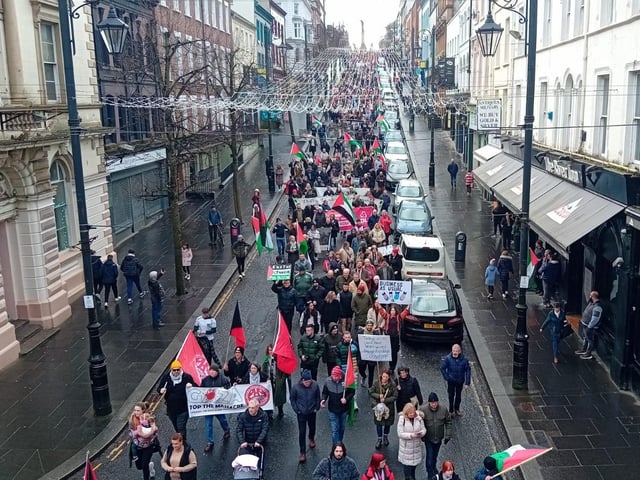 Thousands participate in Derry rally for Palestine calling for a ceasefire in Gaza on January 13, 2024