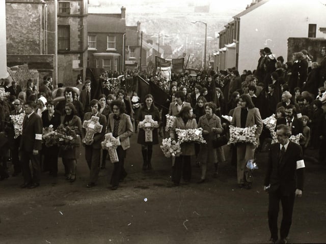 The third anniversary of Bloody Sunday is marked in Derry in January 1975.