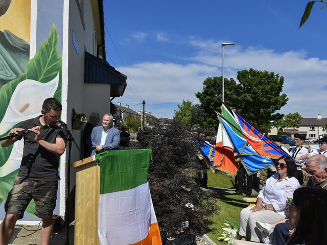 Ciaran Carlin plays a lament at the 44th anniversary commemoration for IRA Volunteer George McBrearty held at the the Crann na Poblachta (Tree of the Republic) monument at Rinmore Drive in Creggan on Sunday afternoon. Photo: George Sweeney