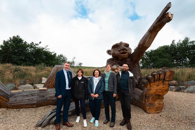 Derry City & Strabane District Council Mayor Patricia Logue is pictured at the launch of the Giants. Joining the Mayor are DAERA representatives Gerard Treacy, Bernie McGrath, and Thomas Dambo representatives Mimi Larson, CEO, and Jacob Keinicke. 