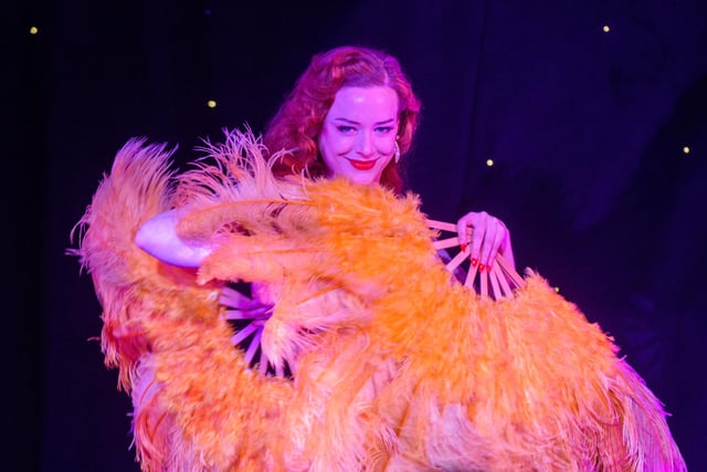 Rita Peach on stage in Sandinos as the Maiden City Tease Burlesque  cabaret night takes to the stage as the City of Derry Jazz Festival gets underway. Picture Martin McKeown. 27.04.23