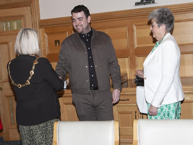 The Mayor of Derry City and Strabane District Council, Sandra Duffy pictured making a presentation to Strabane’s Ursula Melaugh at the Guildhall, Derry on Tuesday evening in recognition of her caring service to the Strabane community. (Photos: Jim McCafferty Photography)