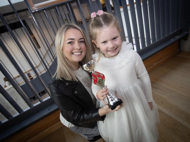 Former Pupil Rochelle Morrison-Quigley pictured with her P2 star Calla. : Foyle School of Speech and Drama's fantastic annual charity feis for the Foyle Hospice