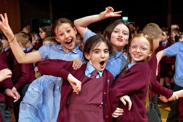 Pupils at St John’s Primary School loved the performance from the Jive Aces on Thursday afternoon. Photo: George Sweeney.  DER2317GS – 28