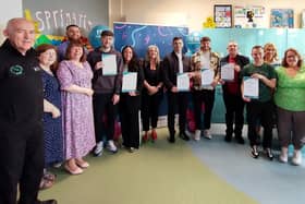 Caption: L - R)  NWRC Deputy Head of Department for Training & Skills John Cartin pictured with NWRC Curriculum Manager in Early Years Carol Thompson, Assessor Toni Quinsey, NWRC Student Ronan McIntyre, NWRC Student Gerald McLaughlin, NWRC Student Demi Gallagher, Principal of St Joseph's Boys School Ciara Deane, NWRC Student Cormac Burke, NWRC Student Cianan Cassidy, NWRC Student Alan Nicholl, NWRC Student  Corey McLaughlin, NWRC Curriculum Manager in Early Years Lisa Taggart, Senior Administrative Officer at St Joseph's Boys School Lisa Grant and NWRC Early Years Lecturer Patrina Hamilton at the Specialist Teacher Celebration Event at NWRC Limavady Campus.