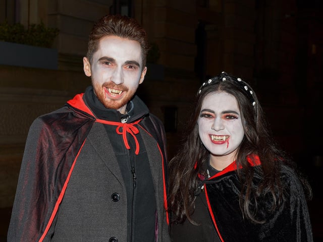 Stephen and Caitlin in Vampire fancy dress on Halloween night in Derry. Photo: George Sweeney. DER2144GS – 010