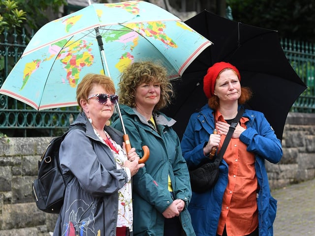 Mourners at the funeral of journalist and activist Nell McCafferty at the Long Tower Church on Friday afternoon.  Photo: George Sweeney