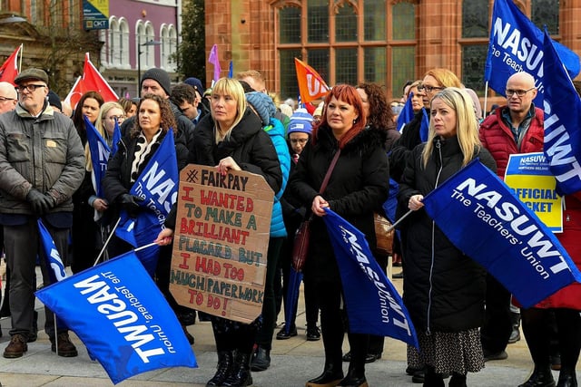 Teachers' unions members and supporters hold a strike rally in Guildhall Square on Tuesday morning. Photo: George Sweeney. DER2308GS 60