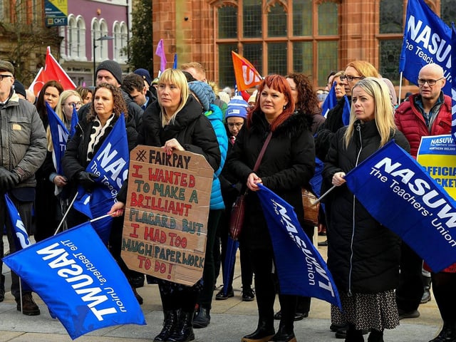 Teachers' unions members and supporters hold a strike rally in Guildhall Square on Tuesday morning. Photo: George Sweeney. DER2308GS 60
