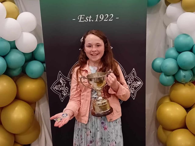 Holly McLaughlin, Réalta Academy of Speech and Performance and Scoil Cholmcille Glengad, who was awarded first place in the Prepared Bible Reading 11-13years, second Place Young People's Verse 11-12years. Highly commended in intermediate character study 11-13years, studied prose age 11-12 years and original poem 11-14years