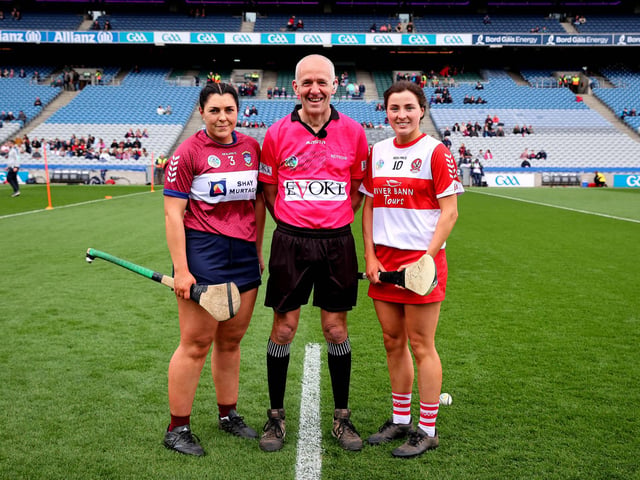 Westmeath’s Julie McLoughlin and Aine Barton of Derry with referee Cathal McAllister at the coin toss in Croke Park. (Photo: INPHO/Ryan Byrne)