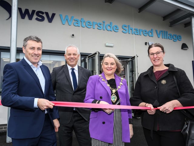 Official Opening of Waterside Shared Village: The Mayor of Derry and Strabane, Councillor Sandra Duffy, cutting the tape to officially open the Waterside Shared Village. Included, from left, are Mark O’Donnell, Deputy Secretary, Housing, Urban Regeneration & Local Government, Department for Communities, John Kelpie, Chief Executive, Derry City and Strabane Council, and Helen Donaldson, Joint Secretariat Director, Special EU Programmes Body. ©Lorcan Doherty