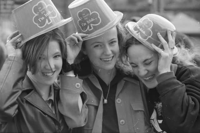 Three appropriately attired 'Derry Girls' enjoying the St. Patrick's Day festivities in Derry in 1998.