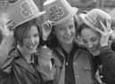 Three appropriately attired 'Derry Girls' enjoying the St. Patrick's Day festivities in Derry in 1998.