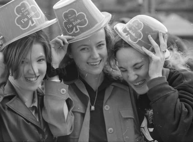 Three appropriately attired 'Derry Girls' enjoying the St. Patrick's Day festivities in Derry in 1998.