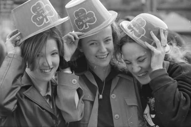 Three appropriately attired 'Derry Girls' enjoying the St. Patrick's Day festivities in Derry in 1998.