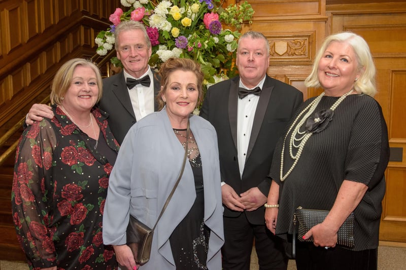 The Mayor Councillor Patricia Logue hosted the annual Mayor’s Ball in the Guildhall in aid of her crossed Charities the Foyle Hospice and Ryan McBride Foundation. Pictured at the event are guests, Gabriel McLaughlin, Michael Doherty, Margaret Doherty David McLaughlin and Siobhan McDermott. Picture Martin McKeown. 24.05.24