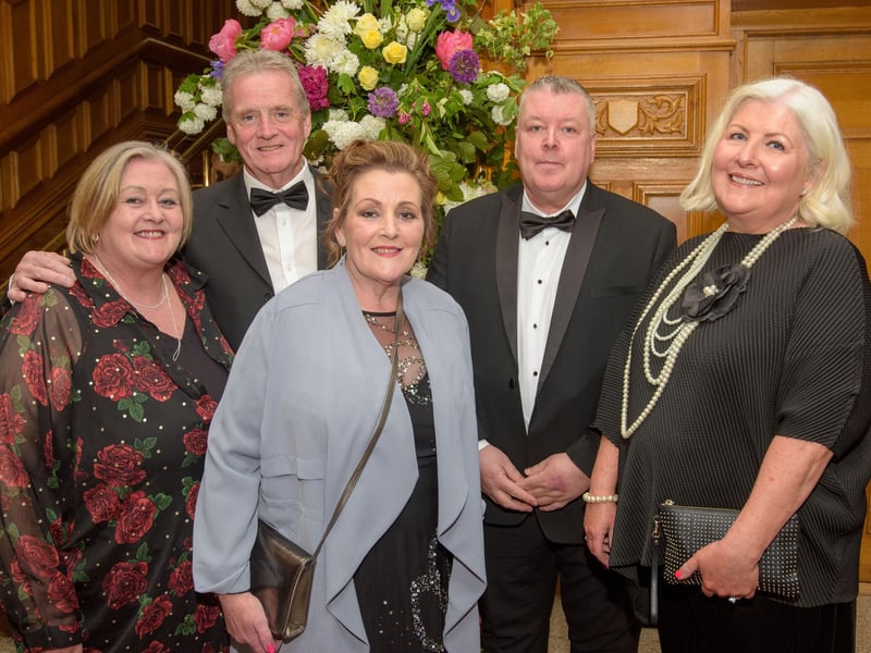 The Mayor Councillor Patricia Logue hosted the annual Mayor’s Ball in the Guildhall in aid of her crossed Charities the Foyle Hospice and Ryan McBride Foundation. Pictured at the event are guests, Gabriel McLaughlin, Michael Doherty, Margaret Doherty David McLaughlin and Siobhan  McDermott.  Picture Martin McKeown. 24.05.24