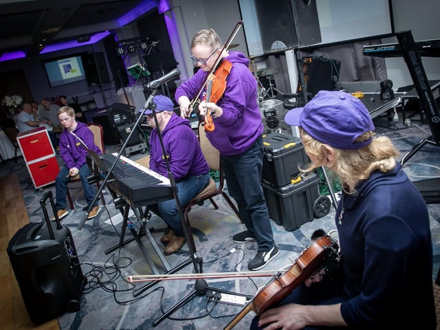 Down Right Musical Trio members Bernard Goodwin, Jack Rogers and Conor Collins performing with musician Josie Nugent during Friday night's FDST 30th Anniversary Celebrations in the Everglades Hotel, Derry. (Photos: Jim McCafferty Photography)