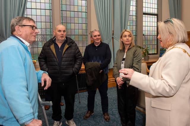 The Mayor Councillor Sandra Duffy welcomed members of Leafair Mens Health Group to the Guildhall this week for a catch up and to hear about the contribution the group makes to their lives. Included are, Derek Evans, Paul Redden, Eddie Coyle, John Bradley and Chantelle McCallion, co-ordinator. Picture Martin McKeown. 04.04.23