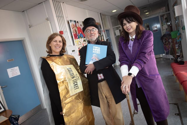 Mr Jim Craig, a former princpal at Steelstown PS took time out on World Book Day to come and read to the pupils of the schoo. He is pictured with, on left, Mrs. O'Neill, Vice Principal, and on right, Mrs. Doorish, Principal.