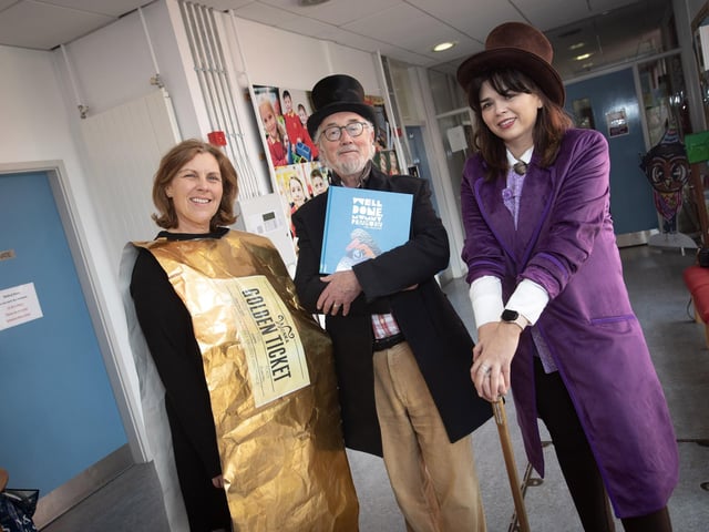 Mr Jim Craig, a former princpal at Steelstown PS took time out on World Book Day to come and read to the pupils of the schoo. He is pictured with, on left, Mrs. O'Neill, Vice Principal, and on right, Mrs. Doorish, Principal.