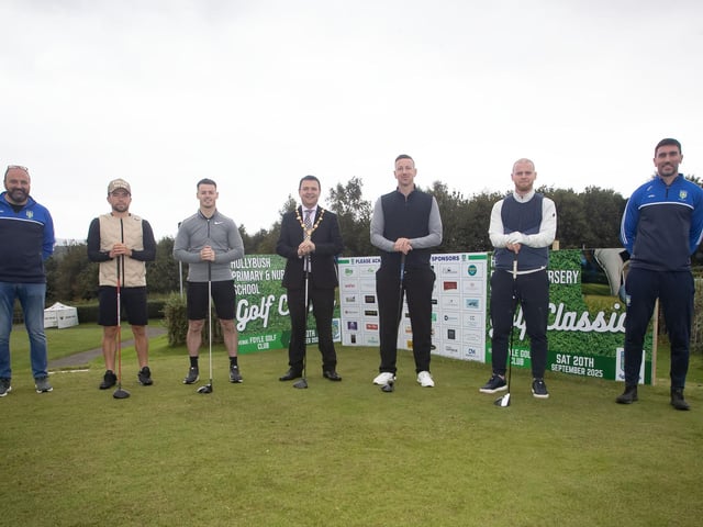 Mr Friel with the footballing fourball, Mr O'Connor and the Mayor Ruairi McHugh. (Photo: Jim McCafferty )