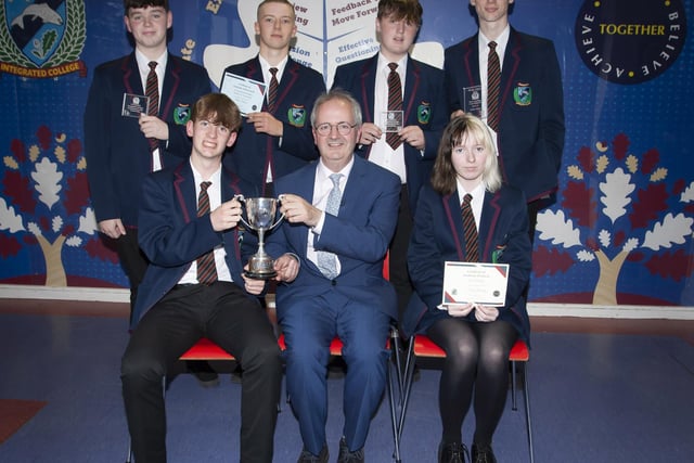 Mr. John Harkin, Acting Principal, pictured with Year 11 Prize Winners on Thursday last at Oakgrove Integrated College. Front from left, Kaelan Harley and Sierra Ramsey. Back from leftg, Caden Morrow, Adam Moore, Jake Kennedy and Bobby Skeggs.