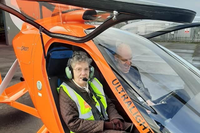 Kathleen in the gyrocopter with owner and pilot Brian McCafferty.