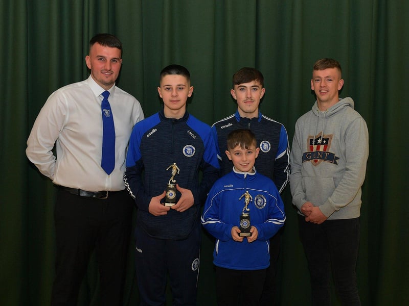 Trojans FC Best New Comers Award winners Eoghan McGiver and Liam Shields pictured at the club’s annual prizegiving with Diolain Ward Vice- Chairperson, Jack McCrudden committee member and Derry City’s Ciaron Harkin. Photo: George Sweeney