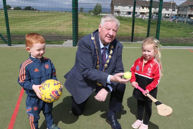 Mayor, Councillor Steven Callaghan with Zoe Carney and Frankie McDaid.