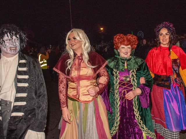 The Mayor Councillor Patricia Logue who with members of her family met with some of the Halloween Carnival Parade participants ahead of the event which the First Citizen led along the banks of the River Foyle. Picture Martin McKeown. 31.10.23