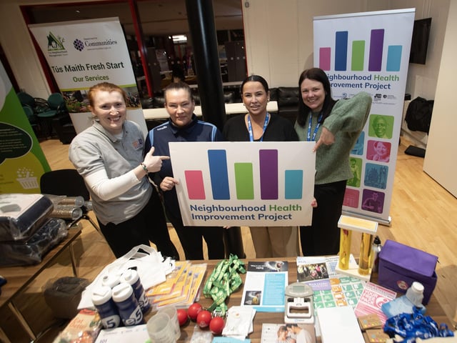 Group pictured at Tuesday's Health event in Creggan. From left, Julie White, Healthy Lifestyle Co-Ordinator, Old Library Trust, Lorraine Kivlehan, Health Development Officer, NHIP, Patti Thornton, NHIP Co-Ordinator, WHSCT and Pamela McMullan, Obesity Project Support Worker, WHSCT.