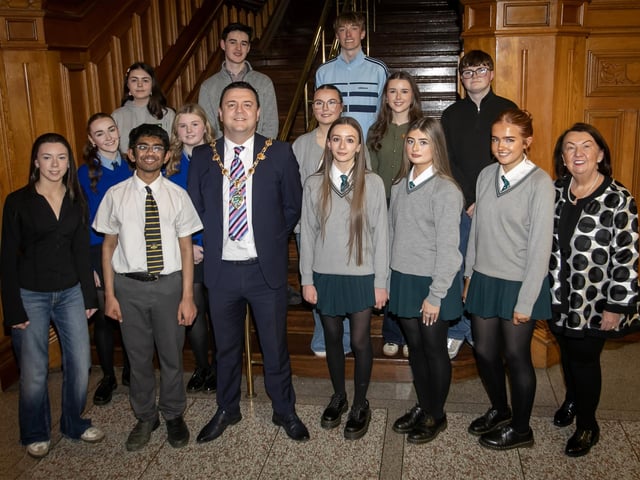 The Mayor of Derry City and Strabane District Council, Ruairi McHugh pictured with Grade 8 pupils from the Foyle School of Speech and Drama on Tuesday. On right is teacher Sandra Biddle.