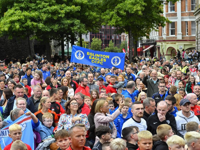 Foyle Cup teams and supporters gather in Guildhall Square. Photo: George Sweeney