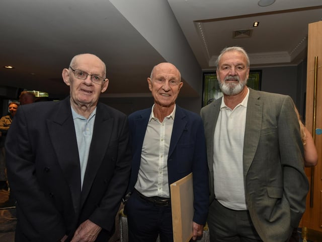 Eamon McLaughlin, Dennis Tueart and Barry McCreadie at the Derry City FC celebration of 40 years in the League of Ireland held in the Everglades on Saturday evening. Photo: George Sweeney