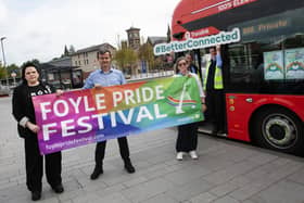 TRANSLINK ACCESSIBILITY BUS FOR PRIDE PARADE. . . .Pictured at Waterside Railway Station, Derry this week to promote the availability of an Translink Accessibility bus for Saturday's Annual Foyle Pride Parade are, front from left, Mel Bradley, Foyle Pride, Tony McDaid, Assistant Manager, Translink and Anita Villa, Foyle Pride. At back are Translink drivers Malcolm Crawford and Ronan Ward.