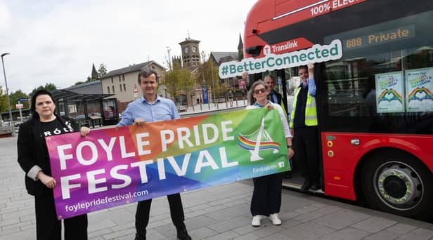 TRANSLINK ACCESSIBILITY BUS FOR PRIDE PARADE. . . .Pictured at Waterside Railway Station, Derry this week to promote the availability of an Translink Accessibility bus for Saturday's Annual Foyle Pride Parade are, front from left, Mel Bradley, Foyle Pride, Tony McDaid, Assistant Manager, Translink and Anita Villa, Foyle Pride. At back are Translink drivers Malcolm Crawford and Ronan Ward.
