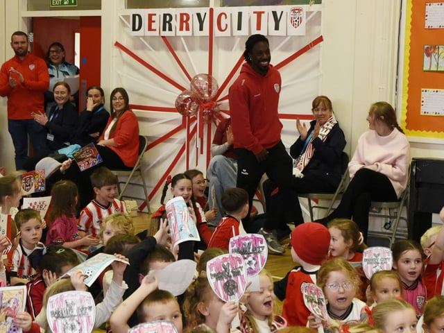Derry City Football Player Kevin dos Santos is the special guest for Rosemount Primary Schools Red & White Day