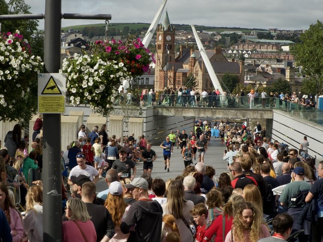 Runners make their way up Ebrington Square from the Peace Bridge during Sunday's race.