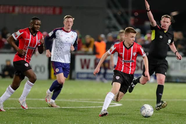 Brandon Kavanagh in action against St Pat's Chris Forrester who he will join up with at Inchicore next season. Credit: Kevin Moore/mci