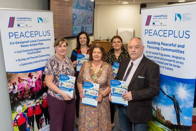 The Mayor Councillor Patricia Logue pictured with Jacki Connolly and Derek Moore,  co-chair,  Myriam Fearon, Fearon Consulting and Sue Divin, PEACE Manager, Derry City and Strabane District Council  during a public event in the Holywell Trust where local communities were updated on the funding bid of £8m of PEACEPLUS funding. The submission of the Local Co-Designed Peace Action Plan involved communities across the city ad district who put forward plans in the public interest over a period of 18months. Derry City and Strabane District Council are believed to be the first to submit it’s bid and hope to hear in early 2024 the outcome of the application. The programme is a funding partnership between the European Union and the governments of the United Kingdom and Ireland. Picture Martin McKeown. 07.09.23