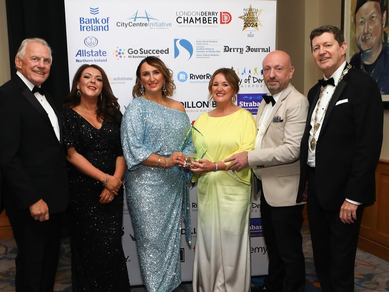 Winners of Strabane BID Business of The Year, Bejeweled At Soul, pictured with Strabane BID board members, Michael Kelly and Debbie Deans, alongside Ian Crowe and Greg McCann