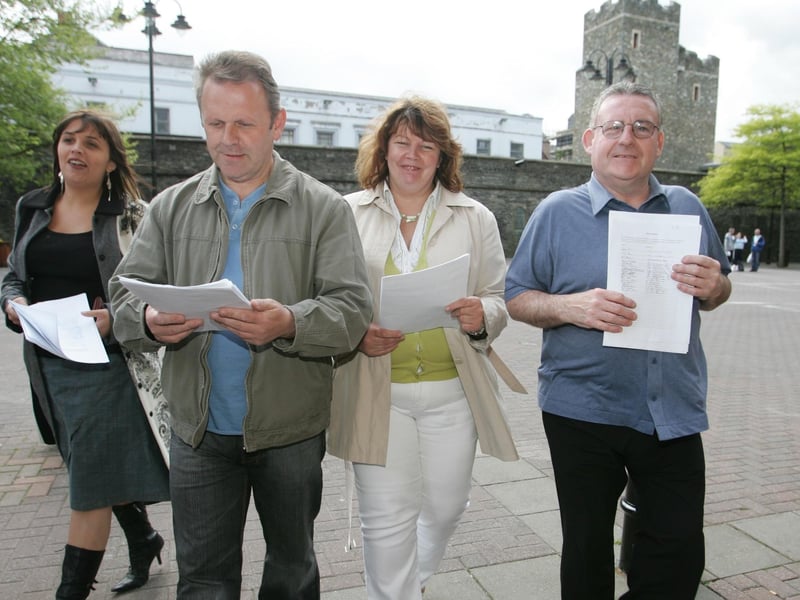Sinn Féin Councillors Elisha McLaughlin, Billy Page, Patricia Logue and Tony Hassan delivering a petition supporting the retention of laboratory services at Altnagelvin at the Guildhall. (1805JB52)