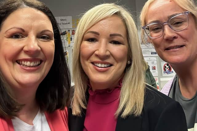 Denise Geary and Caroline Campbell with First Minister Michelle O'Neill.