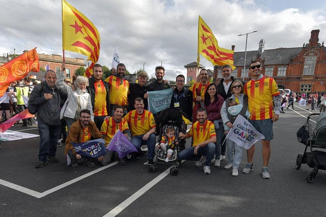 Catalonia footballers took part in the FRS Recruitment GAA World Games opening parade in Derry on Monday evening.  Photo: George Sweeney. DER2330GS -