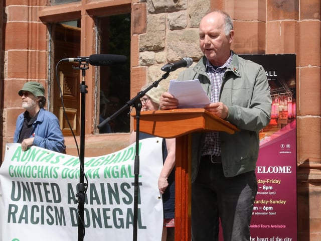 Tony Doherty, Bloody Sunday Trust at the Unite Against Hate rally - Guildhall Square on Saturday. (Photo - Deirdre Heaney, nwpresspics)