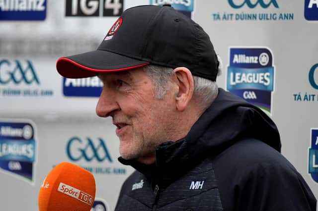 Derry manager Mickey Harte talks to the media after Sunday's victory. Photo: George Sweeney