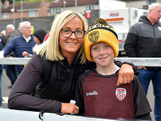 Smiling Derry City fans at the Brandywell for the game against UCD on Friday evening last. Photo: George Sweeney.  DER2320GS – 122